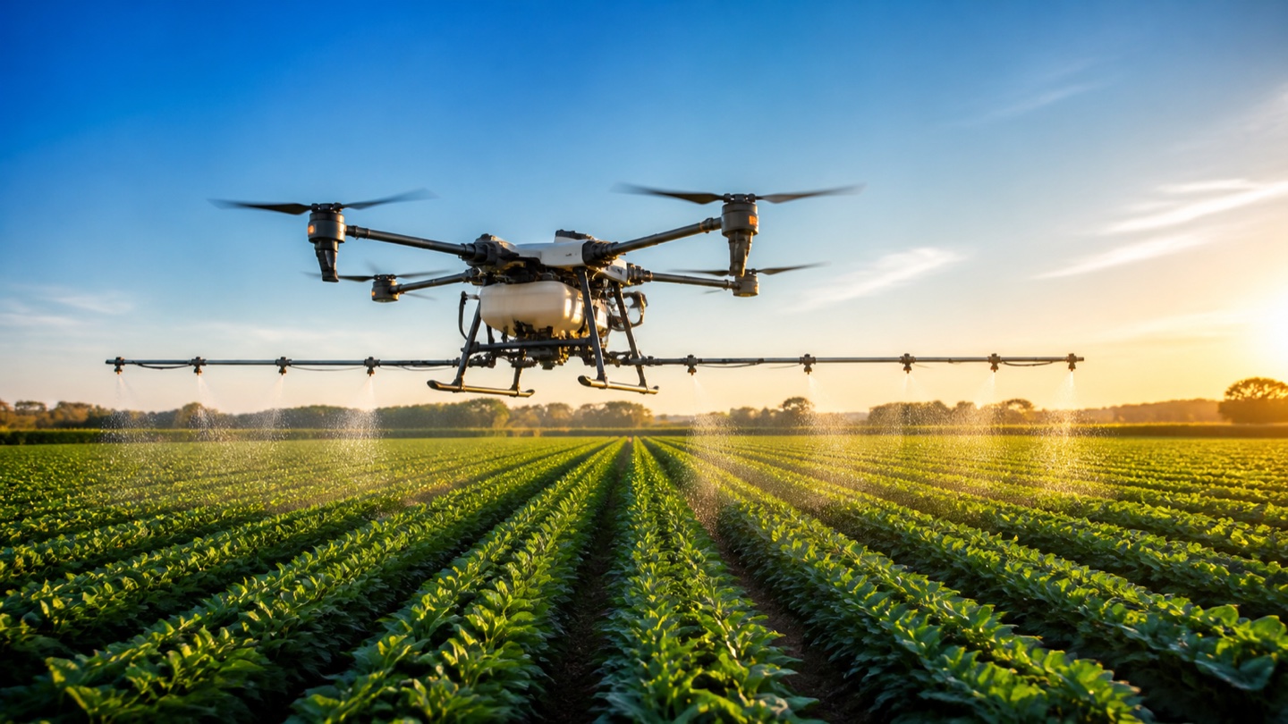 Agricultural spraying drone above precision crop rows