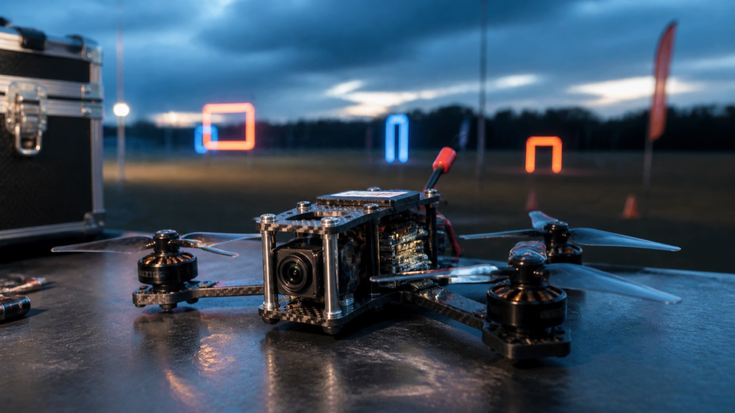 FPV racing quadcopter at an outdoor race course