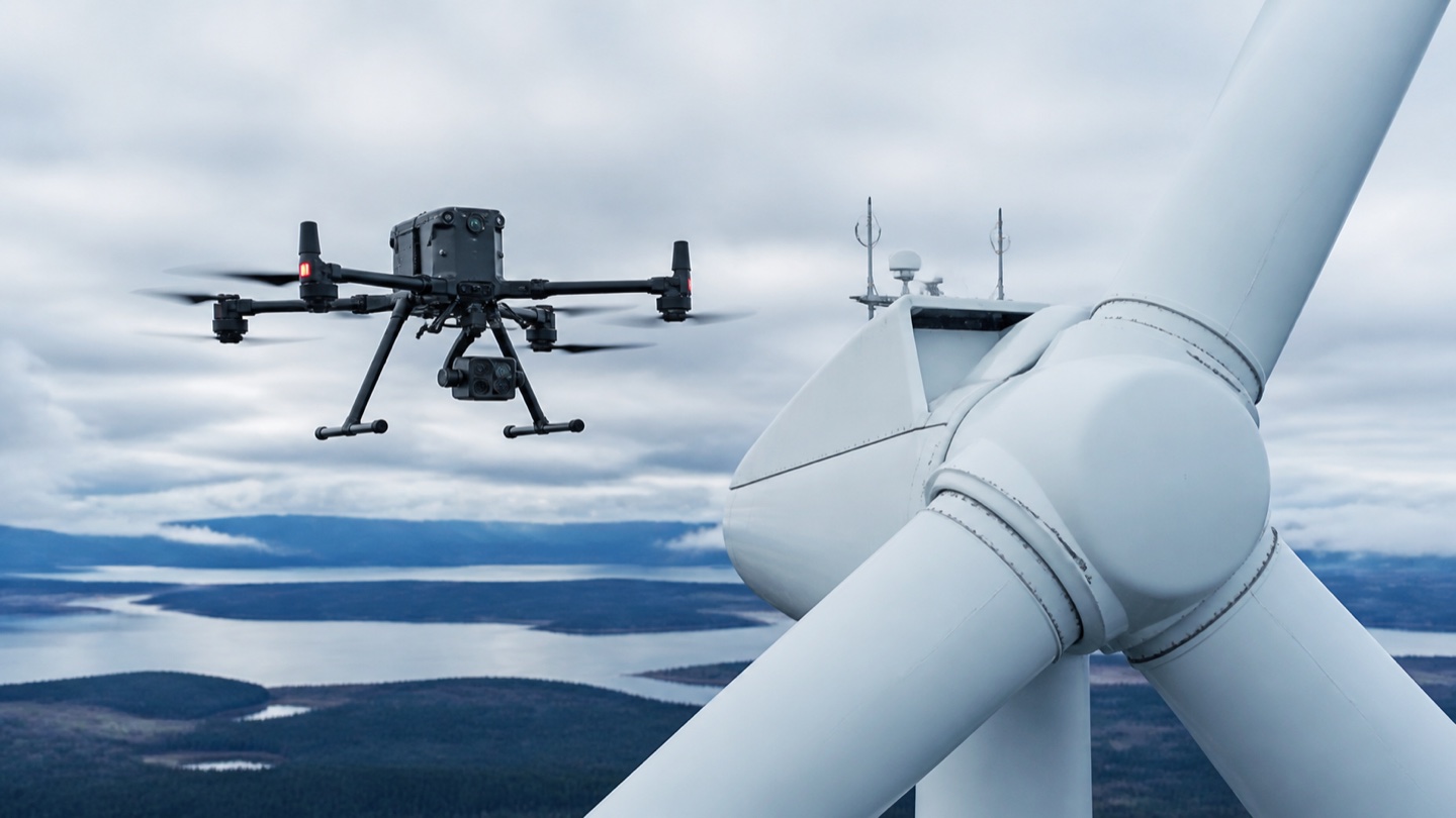 Industrial inspection drone examining a wind turbine