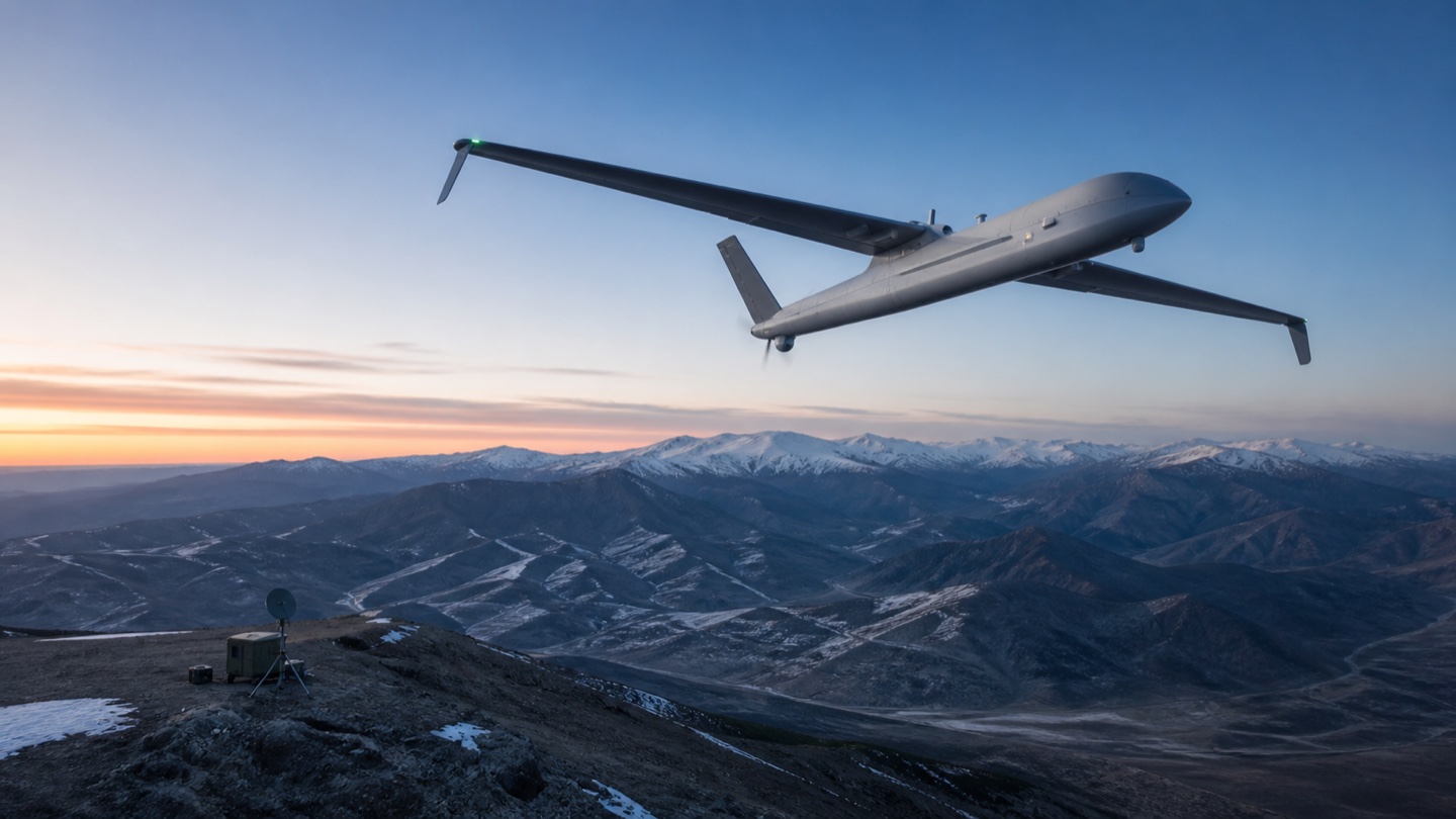 Long-range fixed-wing UAV above remote mountain terrain